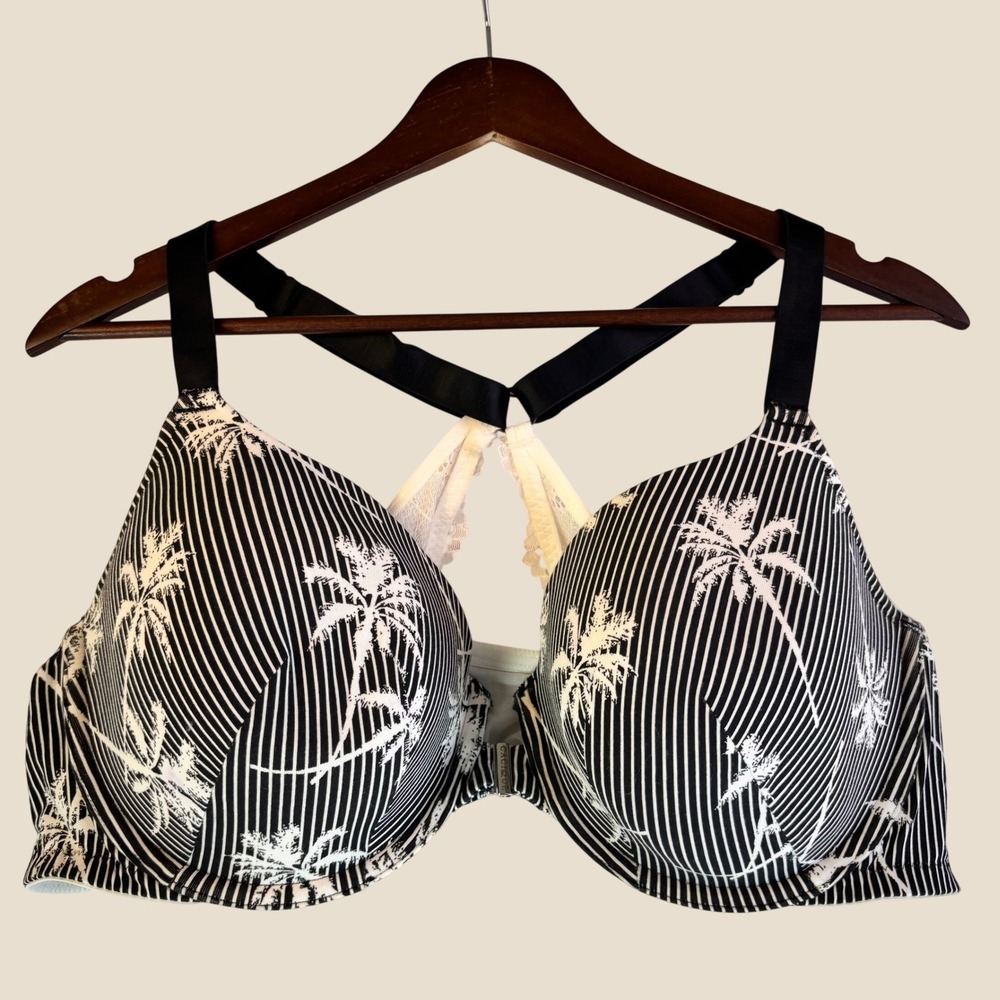 Cacique T-Shirt Bra 46C Front Close Black White Palm Tree Stripe Tropical Racer